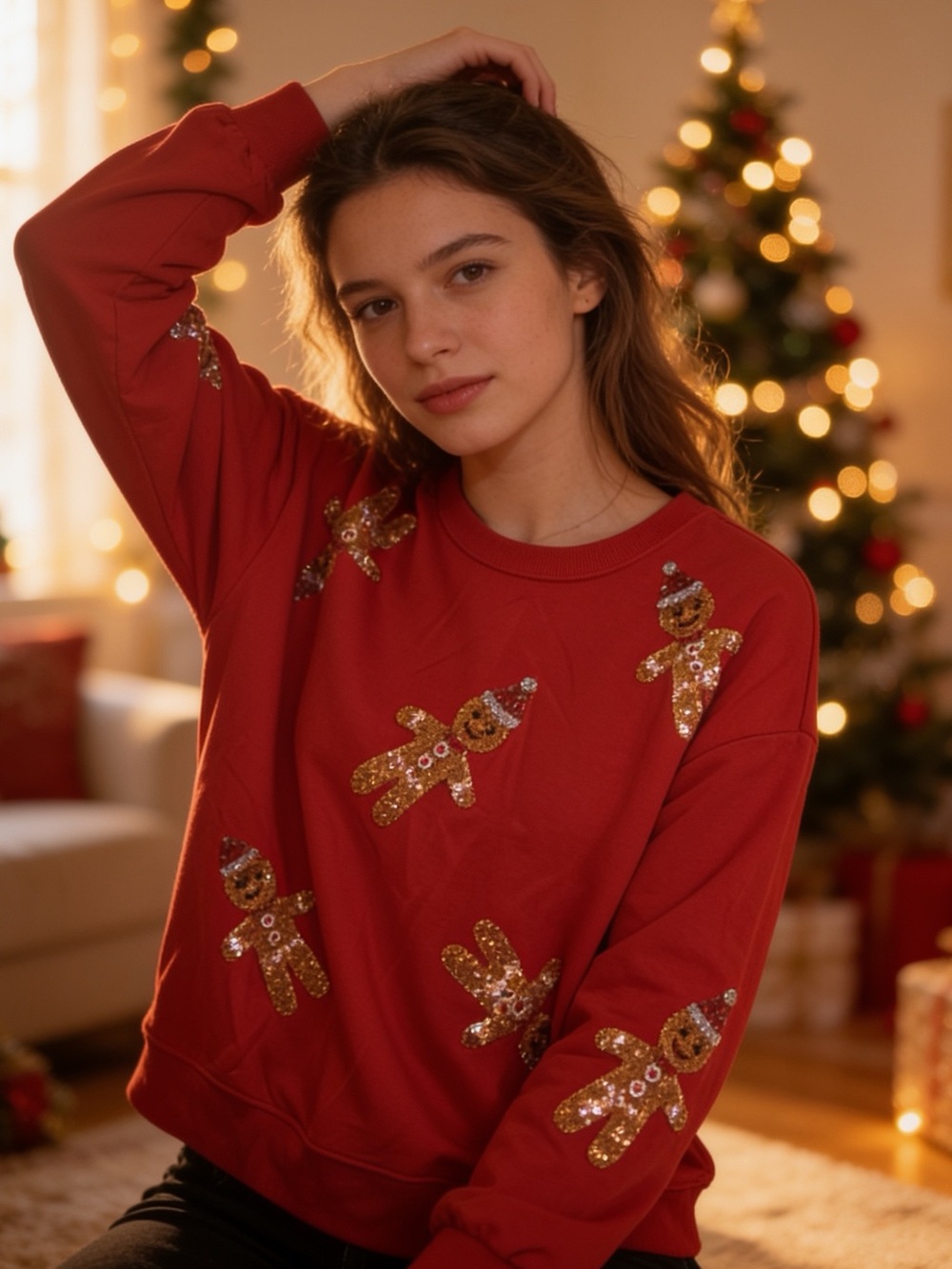 Philosophy | Red Sequin Gingerbread Crewneck Sweater Holiday | M